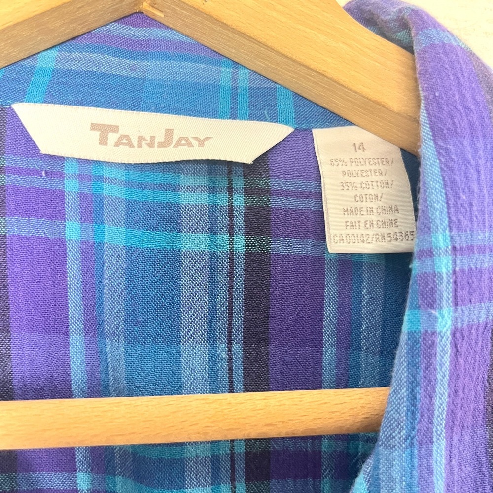 Vintage TanJay Top Button Up Short Plaid Sz 14 90s prairie cottagecore farmhouse - Picture 2 of 5